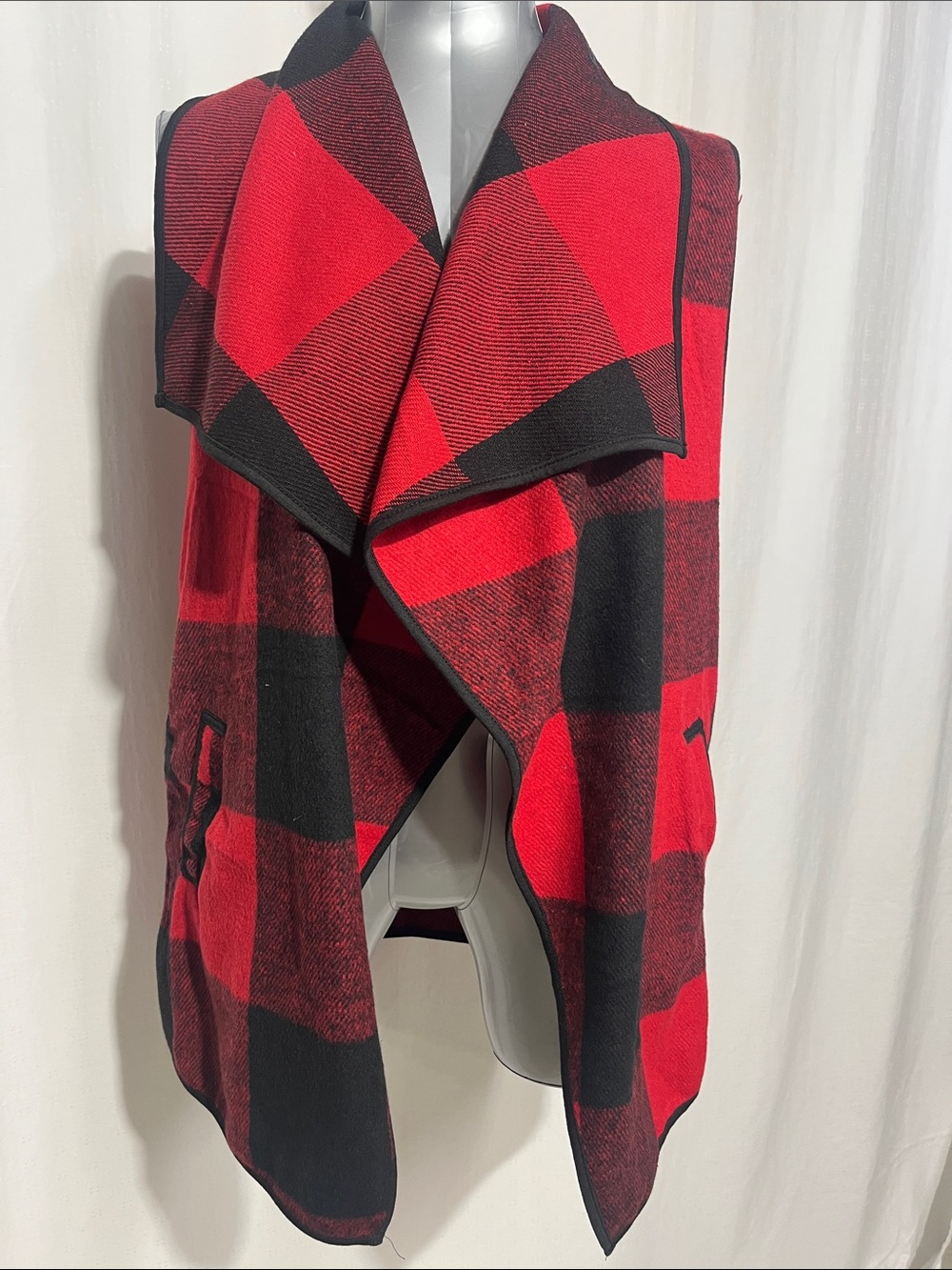 Red & Black Buffalo Plaid Draped Vest open lapel sleeveless cardigan, XL 1196 - Picture 2 of 4